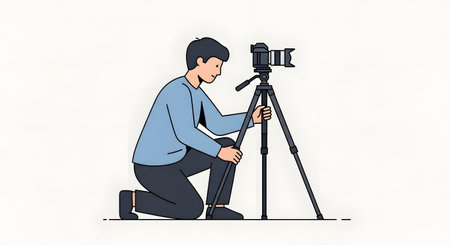 A person in a beanie and blue shirt kneels to adjust a camera mounted on a tripod, capturing a moment.の素材