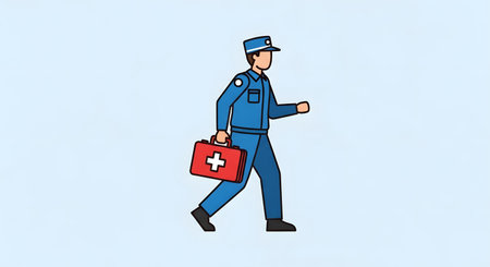 A cartoon illustration of a male paramedic in a blue uniform walking and holding a red medical bag with a white cross.の素材