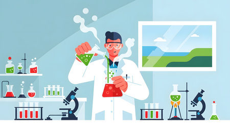 A scientist wearing safety goggles and a lab coat holds bubbling beakers in a laboratory setting with microscopes and test tubes.の素材