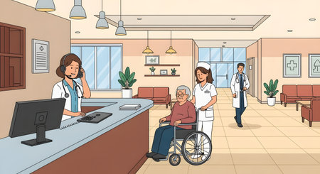 A nurse greets an elderly patient in a wheelchair at a hospital reception desk, with another nurse in the background.の素材