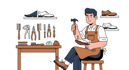 A male cobbler sits on a stool in his workshop, holding a hammer and working on a shoe, surrounded by tools and finished footwear.の素材