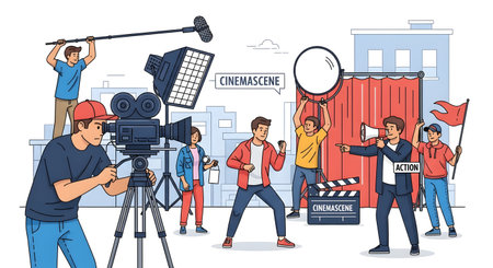 A vibrant illustration depicts a busy film set with a director, actors, camera operator, lighting, and boom microphone.の素材