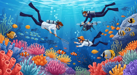 Four scuba divers explore a brightly colored coral reef ecosystem filled with numerous small, vibrant fish swimming around them.の素材
