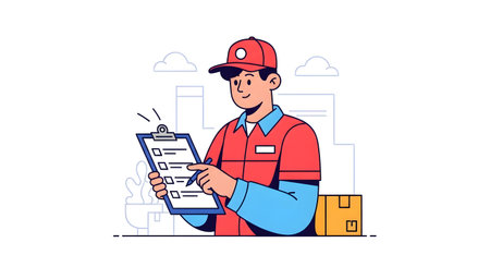A smiling delivery person in a red uniform and cap holds a clipboard with a checklist, standing near cardboard boxes.の素材