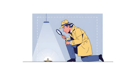 A detective in a trench coat and hat kneels, examining a small object with a magnifying glass under a bright spotlight.の素材