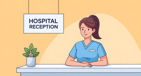 A nurse or receptionist in blue scrubs stands behind a counter at a hospital reception area, with a plant nearby.の素材