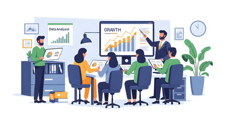 A diverse group of professionals in a modern office setting, engaged in a data-driven presentation with charts and graphs.の素材