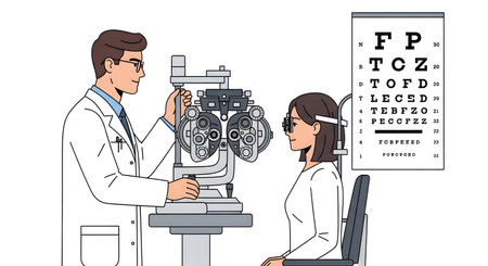 A male optometrist in a white coat uses a phoropter to test a female patient's vision next to an eye chart.の素材