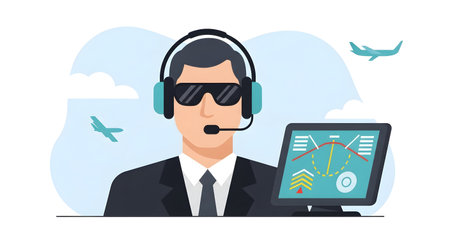 A stylized illustration of an air traffic controller in a suit, wearing headphones and sunglasses, looking at a complex monitor with airplanes in the background.の素材