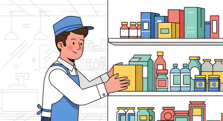 A smiling delivery person wearing a blue cap and apron places a box onto a shelf filled with various products.の素材