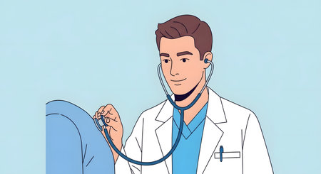 A male doctor in a white coat listens to a patient with a stethoscope. The background is a solid light blue.の素材