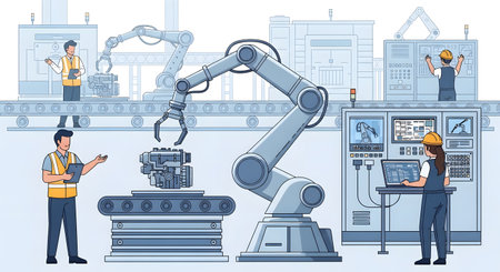 Engineers supervise a robotic arm on an automated assembly line, showcasing modern industrial manufacturing and technology.の素材