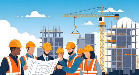 A diverse group of construction workers in hard hats and vests examine plans at a bustling construction site with cranes and buildings.の素材