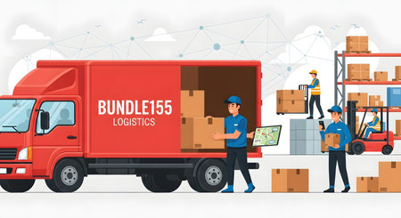 Workers load boxes into a red delivery truck at a warehouse with a forklift and shelves stacked with goods.の素材