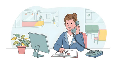 A woman in a suit is on the phone, writing in a notebook, with a computer and plant on her desk.の素材