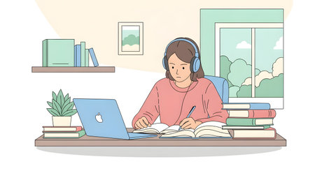 A young woman wearing headphones studies diligently at a desk with a laptop, books, and a plant, bathed in natural light from a window.の素材