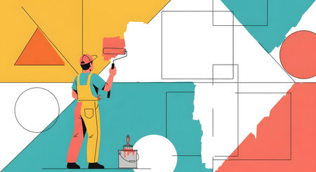 A man in yellow overalls paints a wall with abstract geometric shapes in vibrant colors. He holds a paint roller and a can.の素材