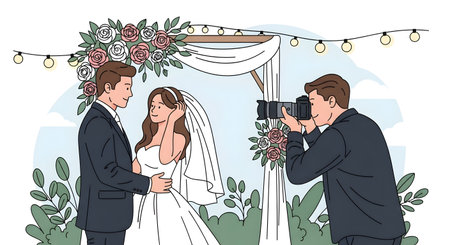 A photographer with a camera documents a bride and groom posing for a photo during their wedding ceremony.の素材