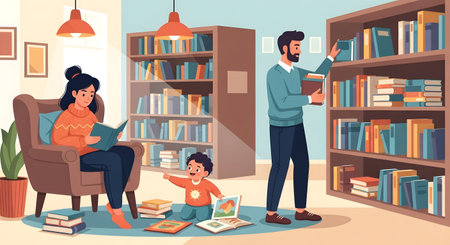 A mother reads in a chair while her child plays on the floor and her partner selects books from a tall shelf.の素材