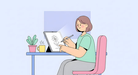 A woman with glasses sits at a desk, drawing in a sketchbook. Plants and art supplies are on the desk, with a pink chair.の素材