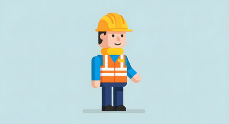 A friendly cartoon construction worker stands with a yellow hard hat and orange safety vest. He wears blue pants and a blue shirt.の素材