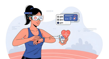 A woman in VR goggles interacts with a holographic heart and fitness data, showcasing advanced health technology.の素材