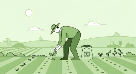 A farmer in a hat bends over, planting seeds in a field. A small robot assists with the task. The scene is rendered in a monochromatic green palette.の素材