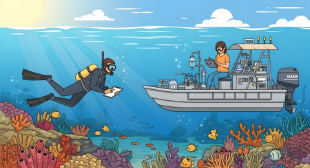 A scuba diver swims towards a research boat, receiving equipment. Colorful coral and fish surround them in the clear ocean water.の素材