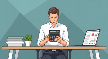 A focused man sits at a desk, using a calculator while a laptop displays charts and graphs. Books and a plant are on the desk.の素材