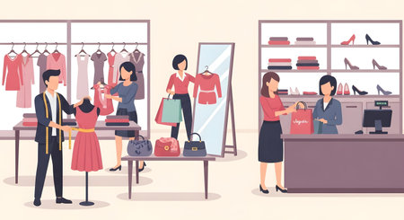A vibrant illustration of a clothing boutique, showcasing mannequins, racks of apparel, and attentive sales staff assisting customers.の素材