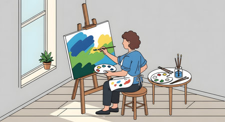 A woman sits on a stool, holding a palette and brush, creating a colorful abstract landscape painting on an easel. Sunlight streams through a window.の素材