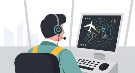 An air traffic controller wearing headphones and a headset monitors a radar screen displaying aircraft positions in a control tower.の素材