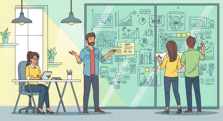 A diverse team collaborates in an office, using a large glass board covered in notes and diagrams for a brainstorming session.の素材