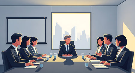 A diverse group of professionals in suits are seated around a conference table, engaged in a meeting with a leader at the head.の素材