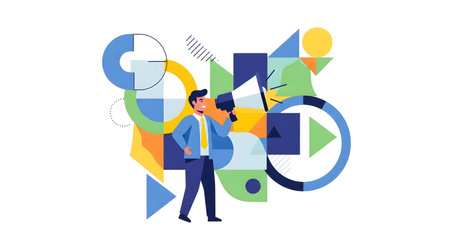Stylized illustration featuring two business people interacting amidst a vibrant abstract composition of geometric shapes, lines, and chart elements.の素材