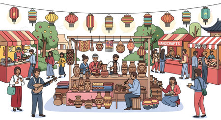 A lively outdoor market with stalls selling goods, people browsing, and colorful lanterns strung overhead, creating a festive atmosphere.の素材