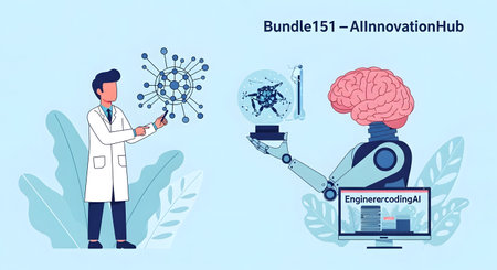 A doctor and a robot with a brain-like head examine medical data and molecular structures, symbolizing innovation in healthcare and artificial intelligence.の素材