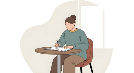 A person with their hair in a bun sits at a small round table, focused on writing or drawing on a piece of paper.の素材