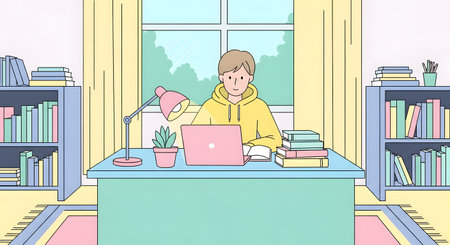 A young woman with her hair in a bun is focused on her laptop at a desk filled with books and supplies.の素材