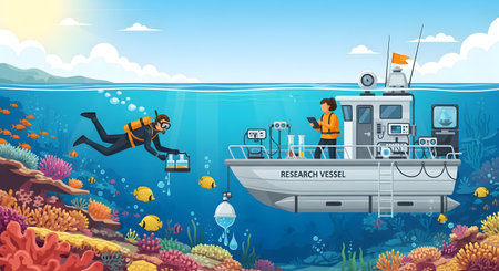A diver explores a vibrant coral reef while a research boat with scientists observes from the surface.の素材