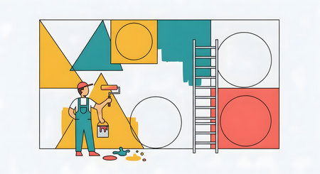 A whimsical illustration of an artist painting abstract geometric shapes on a canvas with a ladder and painting supplies.の素材