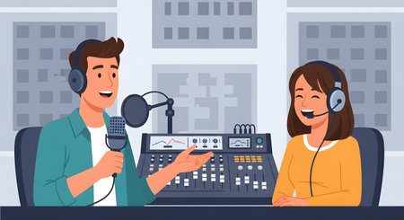 A man and woman wearing headphones are in a radio studio, speaking into a microphone and operating a sound mixing board.の素材