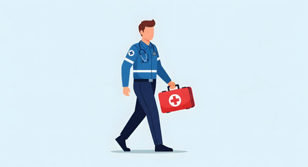 A male paramedic in uniform walks confidently, carrying a red medical bag with a white cross symbol.の素材