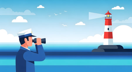 A captain in uniform uses a camera to photograph a red and white striped lighthouse on a rocky island in the sea.の素材
