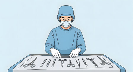 A medical professional in a blue surgical gown and mask stands behind a tray of sterilized instruments, prepared for a procedure.の素材