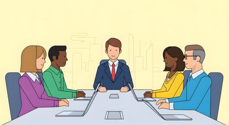 A group of diverse professionals in business attire are seated around a conference table, engaged in a meeting.の素材