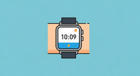 A minimalist illustration of a smartwatch with a digital display showing the time 10:09, worn on a person's wrist against a blue background.の素材