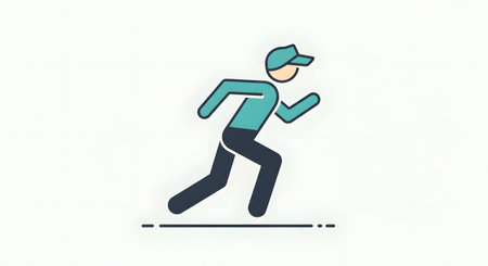 A simple, flat illustration of a person in motion, wearing a baseball cap and athletic attire, depicted in teal and dark blue.の素材