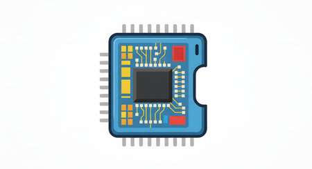 A detailed view of a blue printed circuit board featuring a prominent black integrated circuit and various electronic components.の素材