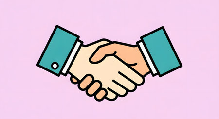 A simple, stylized illustration of two hands clasped in a handshake, symbolizing agreement, partnership, and trust on a soft pink background.の素材